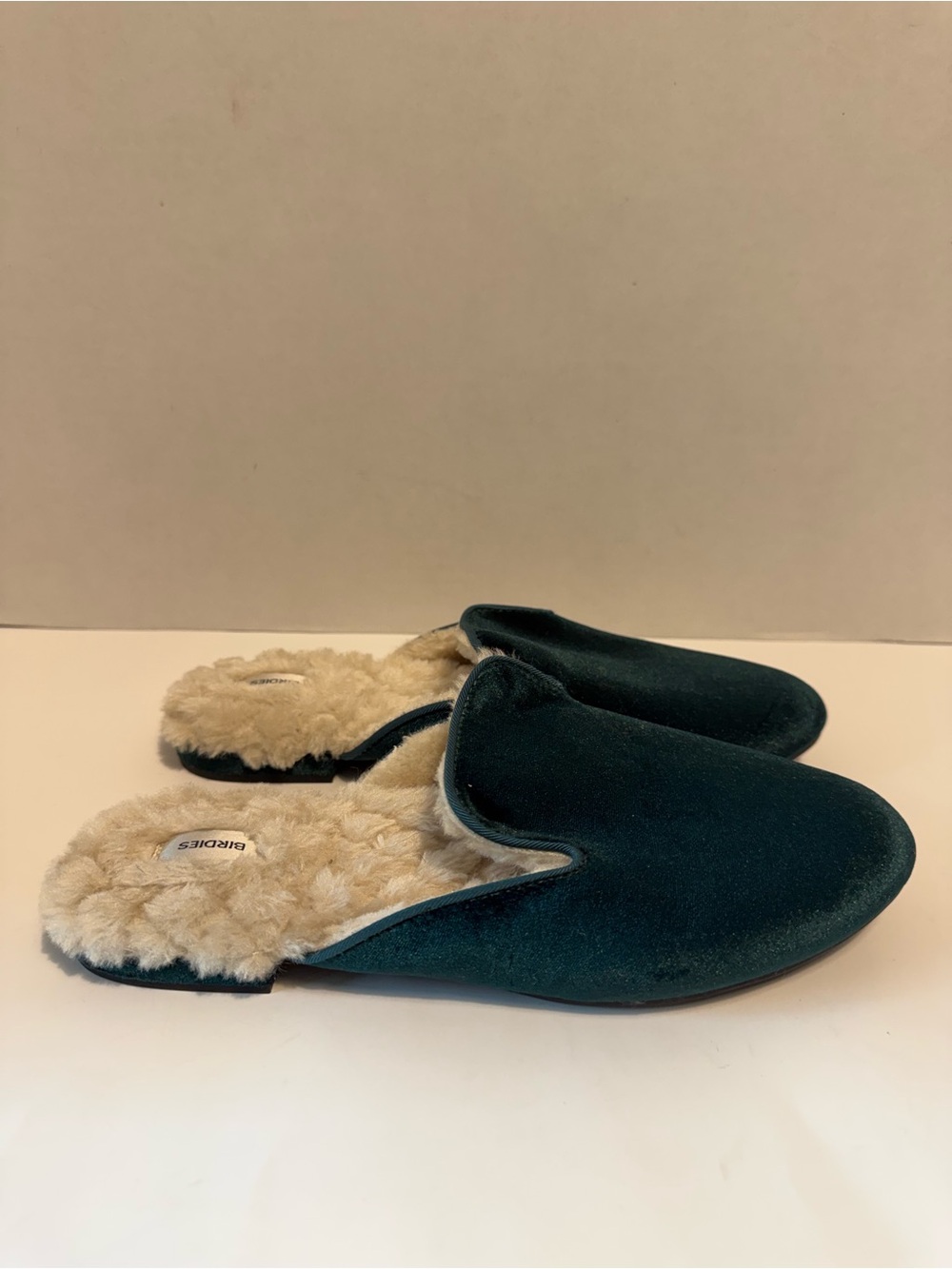 Birdies Phoebe Green Velvet Faux Fur Lined Mule Slip Ons Women's 8
